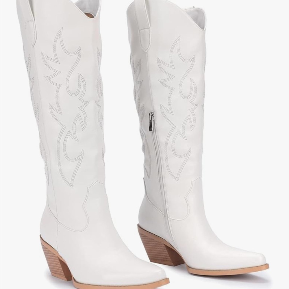 White Western-Style Knee-High Boots- Wide Calf